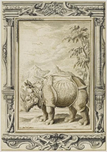 Rhinoceros Before Landscape Backdrop In Architectural Frame - view 1