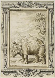 Rhinoceros Before Landscape Backdrop In Architectural Frame