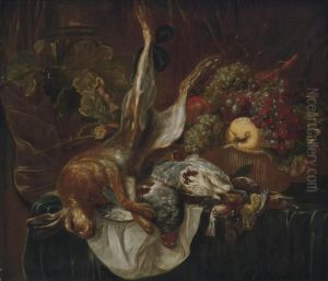 Partridges And Songbirds On A Draped Table With Grapes