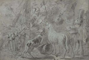 A Man Feeding Two Dogs In A Interior