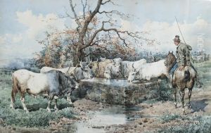 Farmer Watering The Herd by Giuseppe Gabani