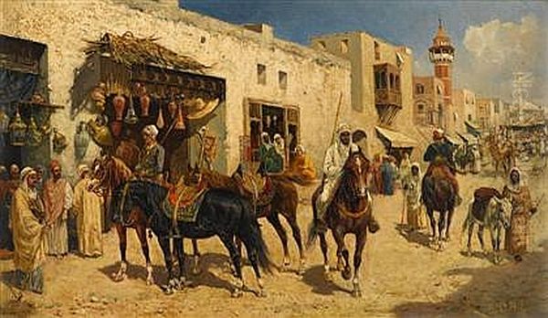 Arab Horsemen In A Busy Street - view 1