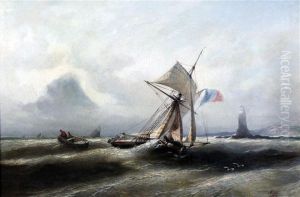 Fishing Boat In A Squall, A Lighthouse Beyond by Nicolas Edward Gabe