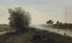 A River Landscape With A Farm In The Distance