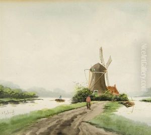 Dutch Scene With Awindmill by Paul Joseph Constantine Gabriel