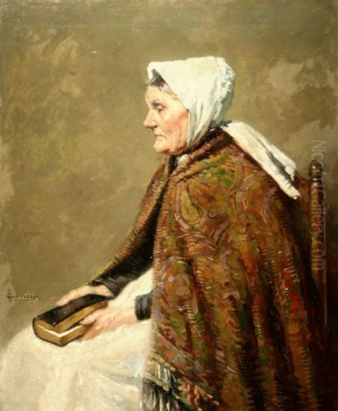 Oude Dame Met Boek Op Schoot. Gesigneerd. Verso Sticker: Xii Exposition International Des Beaux Arts - Venice 1920 - view 1