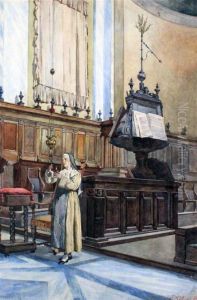 Church Interior With A Nun by Pietro Gabrini
