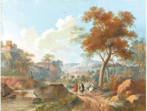 Promeneurs Dans Un Paysage De Cascade by Louis Gadbois