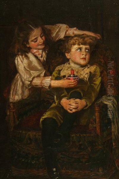 Two Children In An Interior, Signed With Initials Lower Left - view 1