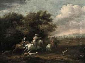 A Wooded Landscape With A Hunting Party by Barent Gael