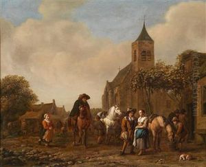 Rastende Reiter Auf Einem Dorfplatz by Barent Gael