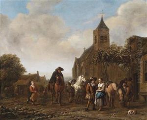 Horsemen Resting On A Village Square by Barend Gael or Gaal