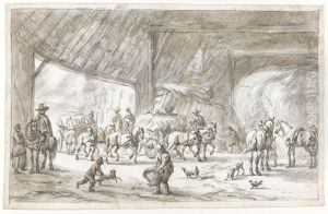 Interior Of A Barn, With Figures, Horses And Carts by Barend Gael or Gaal