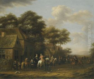 A Pair Of Village Scenes With Numerous Figures, Horses And Chickens by Barend Gael or Gaal