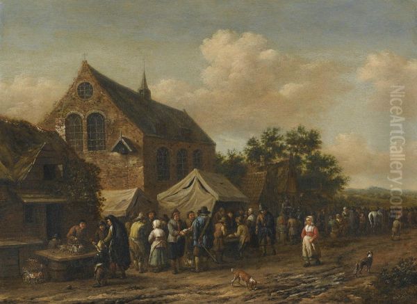 A Village Market Beside A Church - view 1