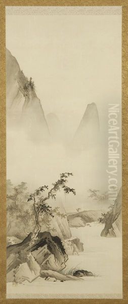Mountain Landscape With Peasant Figure And River - view 1