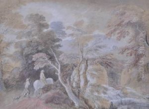Figures Horse And Dog In A Wooded Landscape