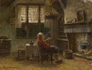 Pfeifenraucher Vor Dem Kamin by Max Gaisser