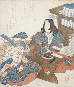 Shikishiban Surimono 
Of A Court Lady Seated At A Writing Desk Besides A Cabinet Filled With Books And Scrolls by Yashima Gakutei