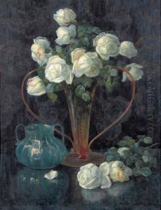 Stillleben Mit Weissen Rosen Und Zwei Glasvasen by Gioachimo Galbusera