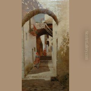 Woman With Water Jug In A Narrow Village Street