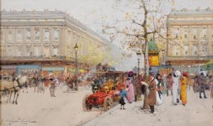 Un Taxi, Boulevard De La Madeleine by Eugene Galien-Laloue