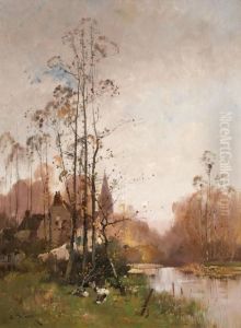 Herbstliche Flusslandschaft Mit Dorf by Eugene Galien-Laloue
