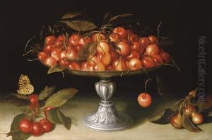 Cherries In A Silver Compote With Crabapples On A Stone Ledge And A Fritillary Butterfly by Galizia Fede