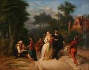Voornaam Gezelschap Op Wandel Met Bedelaars Aan De Kant Van De Weg by Louis Gallait