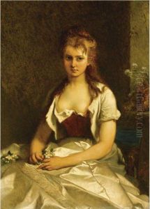An Elegant Young Lady Holding A Flower by Louis Gallait