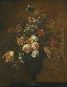 A Still Life With Roses, Tulips And Other Flowers In A Bas Relief Vase On A Stone Ledge