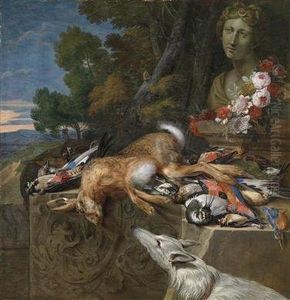 A Hunting Still Life Flanked By A Bust Of Diana And A Dog by Hieronymus Galle I