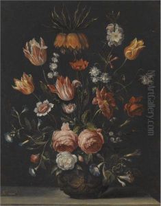 Still Life With Tulips, Roses, Petunias And Other Flowers In A Vaseresting On A Stone Plinth by Hieronymus Galle I