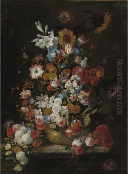 Still Life Of Roses, Tulips, Morning Glories, Irises, Carnations, Lilies, Snowballs, A Sunflower And Other Flowers, In A Sculpted Vase Resting On A Ledge - view 1