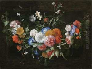 A Swag Of Flowers, Including Roses And Morning Glory by Hieronymus Galle I