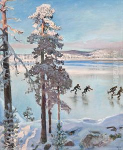 Skaters Near The Shore Ofkalela by Akseli Valdemar Gallen-Kallela