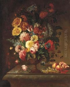 Tulips, Roses, An Iris, Morning Glory, A Hydrangea And Otherflowers In A Classical Urn On A Plinth With Grapes, Redcurrants,peaches And A Pomegranate