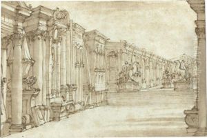 View Of An Imaginary Courtyard With Sculptures Of The Dioscuri And Marcus Aurelius by Alessandro Galli Bibiena