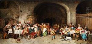 Mehrfiguriges Gelage In Einem Weinkeller Mit Lautespielendem Hofzwerg