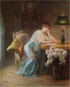 La Lecture Pres De La Lampe by Louis Galliac