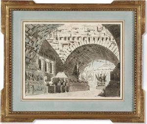 Temple With Doric Columns, Large Vaulted Archways And Trophies by Gaspare Galliari