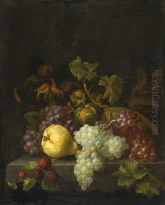 Stillleben Mitweintrauben, Birne, Brombeeren Und Nussen Auf Einersteinplatte