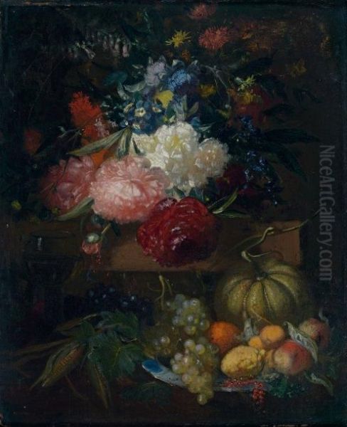 Vase De Fleurs Et Corbeille De Fruits - view 1