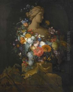 Still Life: Fruits And A Garland Of Flowers Around A Bust Of Venus Before A Niche. by Pieter Gallis
