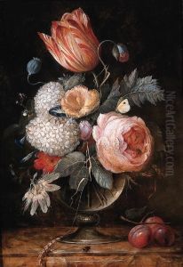 A Tulip, Roses, A Passion Flower, A Poppy, An Ear Of Corn And Otherflowers In A Glass Vase With Plums On A Marble Ledge by Pieter Gallis