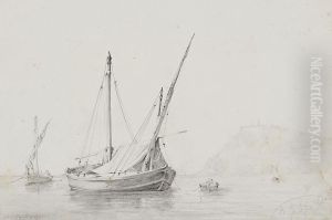 Vista Del Puerto De Barcelona Con Montjuic Al Fondo, Y Unas Barcas by Baldomero Galofre Y Gimenez