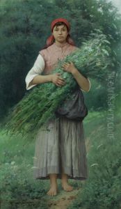 Jeune Italienne Tenant Une Gerbe De Fleurs Des Champs by Jules-Alexandre Gamba De Preydour
