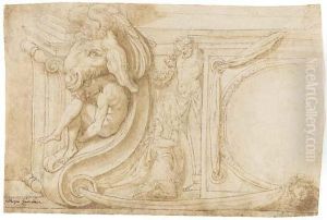 The Corner Of A Classical Altar, With A Kneeling Figure Before A Herm, The Angle Formed By A Crouched Nude Below A Winged Goat's Head by Lattanzio Gambara