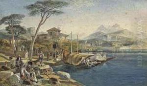 Figures At Work On The Edge Of An Italian Lake by Ernest, Major Gambier-Parry