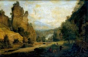 Le Repos Des Personnages Et De Bergers Dans Un Paysage De Montagne Traverse Par Un Torrent